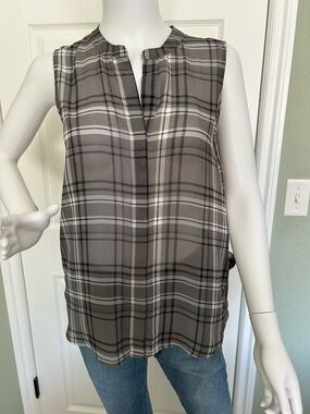 LOFT Gray Plaid Sleeveless Split-Neck Sheer Top